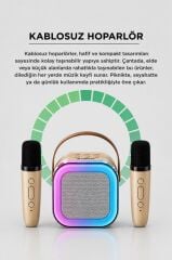 Bluetooth Hoparlör RGB Işıklı Kablosuz Karaoke Ses Sistemi Çift Mikrofonlu Parti Speaker D94 Krem