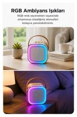 Bluetooth Hoparlör RGB Işıklı Kablosuz Karaoke Ses Sistemi Çift Mikrofonlu Parti Speaker D94 Krem