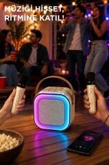 Bluetooth Hoparlör RGB Işıklı Kablosuz Karaoke Ses Sistemi Çift Mikrofonlu Parti Speaker D94 Krem
