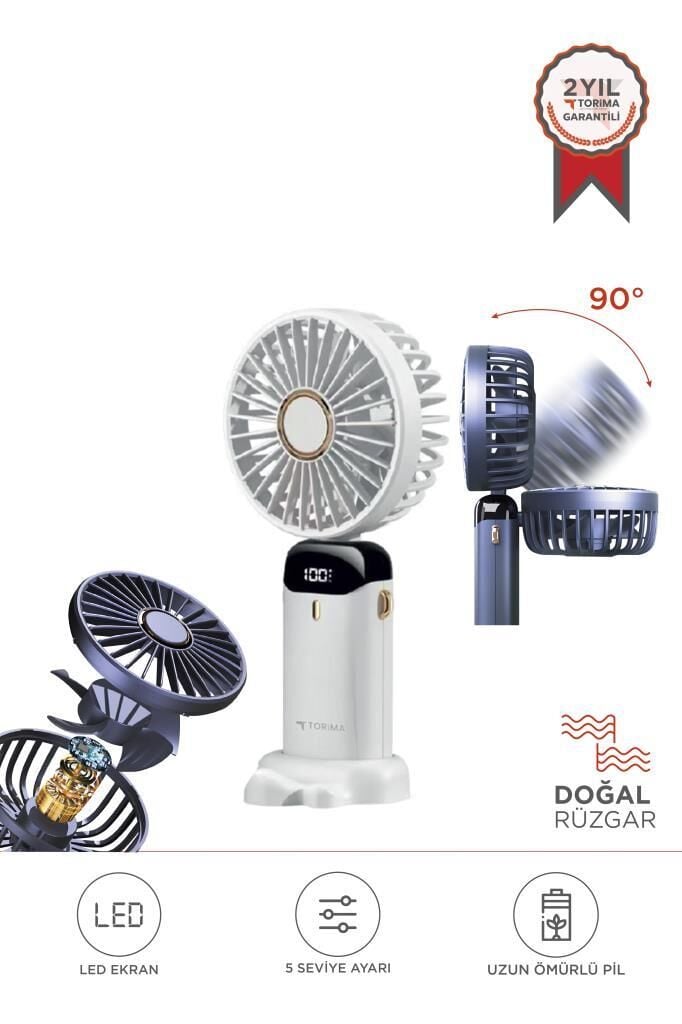 Torima F-19 Beyaz Dijital Ekranlı Şarjlı 90 Derece Ayarlanabilir Başlıklı Mini Masa Fan Vantilatör