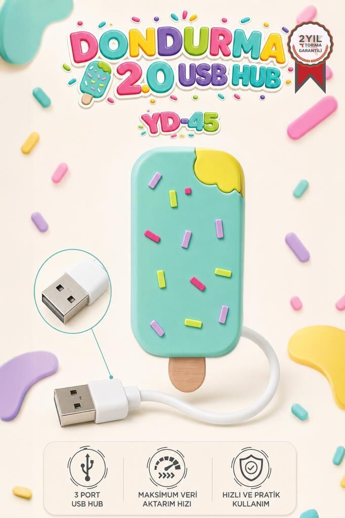 Dondurma USB Hub Dağıtıcı 2.0 USB + Type-C Port Çoğaltıcı YD45 Su Yeşili