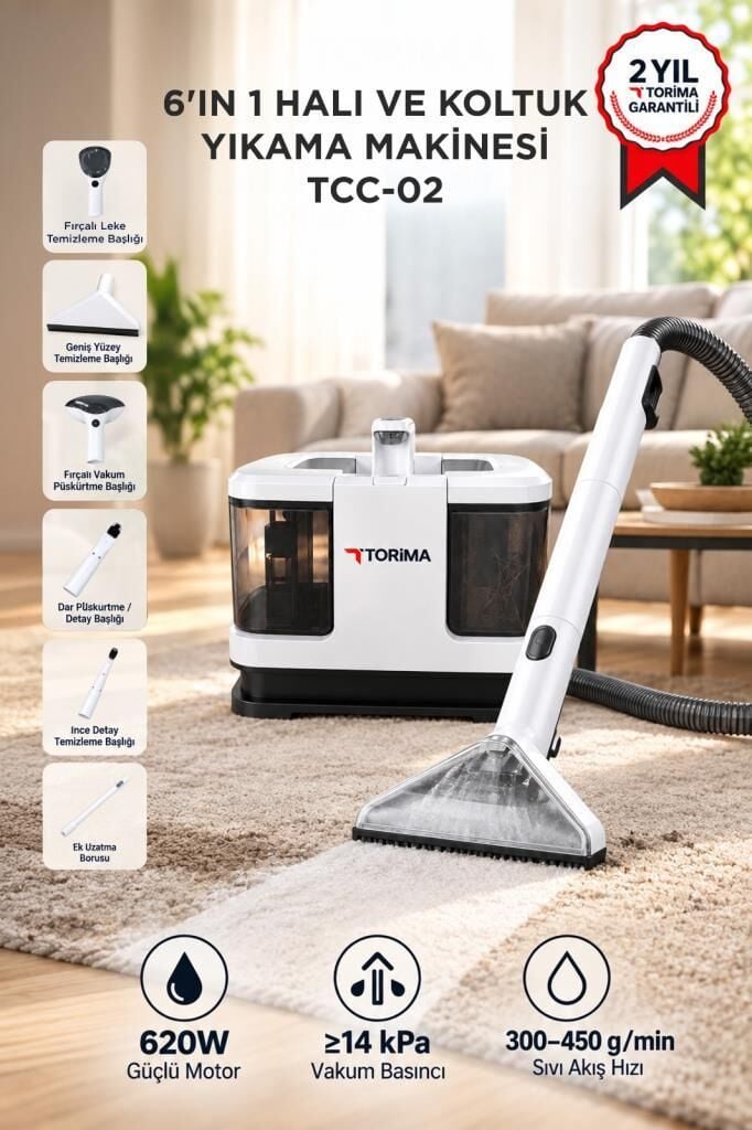Halı ve Koltuk Yıkama Cam Temizleme 6IN1 Leke Çıkartma Makinesi TCC02 Beyaz