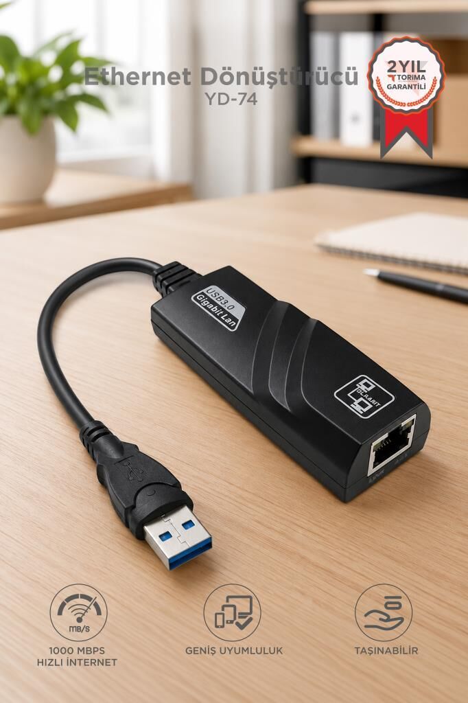 Ethernet Dönüştürücü USB 3.0 Çevirici Adaptörü YD74 Siyah