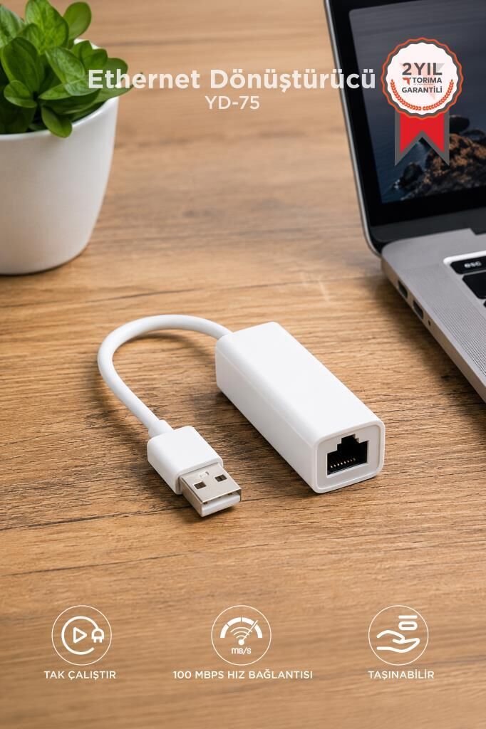 Ethernet Dönüştürücü USB 2.0 Çevirici Adaptörü YD75 Beyaz
