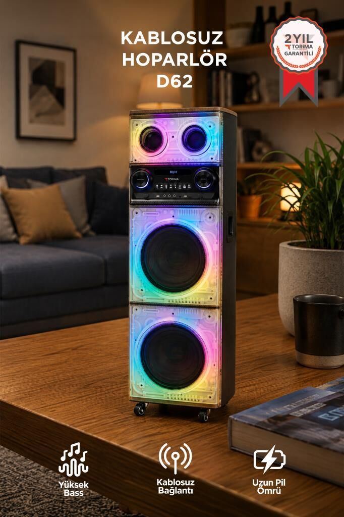 Bluetooth Hoparlör 200W 9000Mah Mikrofonlu Kumandalı FM Radyo Usb Type-C Speaker D62 Ahşap