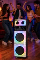 Bluetooth Hoparlör 200W 9000Mah Mikrofonlu Kumandalı FM Radyo Usb Type-C Speaker D62 Ahşap