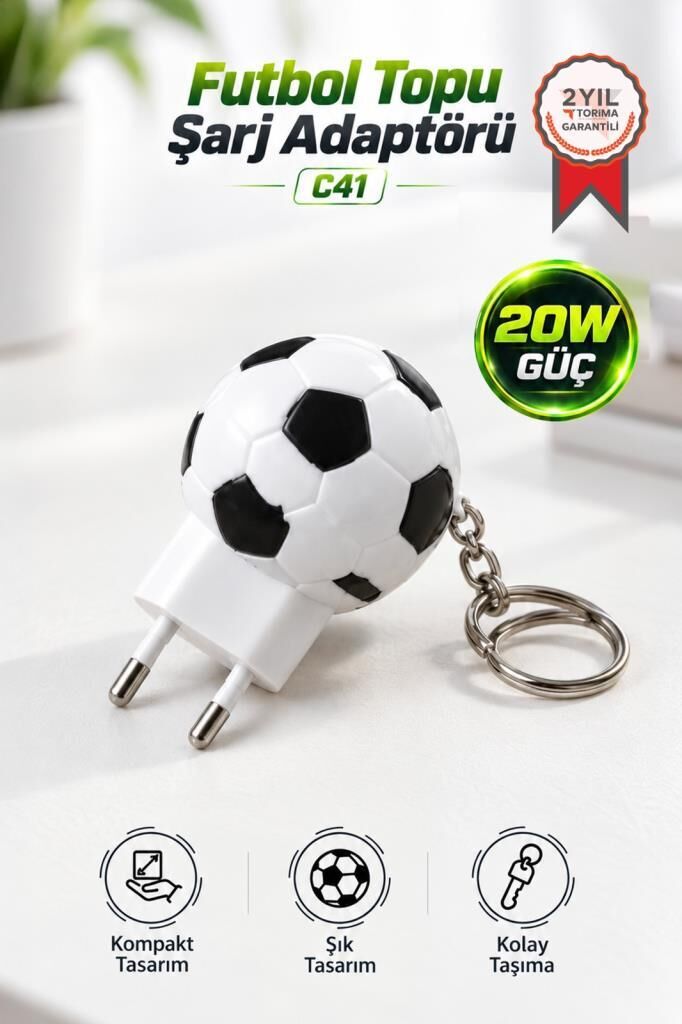 Şarj Adaptörü Futbol Topu Görünümlü Anahtarlıklı 20W Hızlı Şarj Cihazı C41 Beyaz Siyah