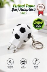 Şarj Adaptörü Futbol Topu Görünümlü Anahtarlıklı 20W Hızlı Şarj Cihazı C41 Beyaz Siyah