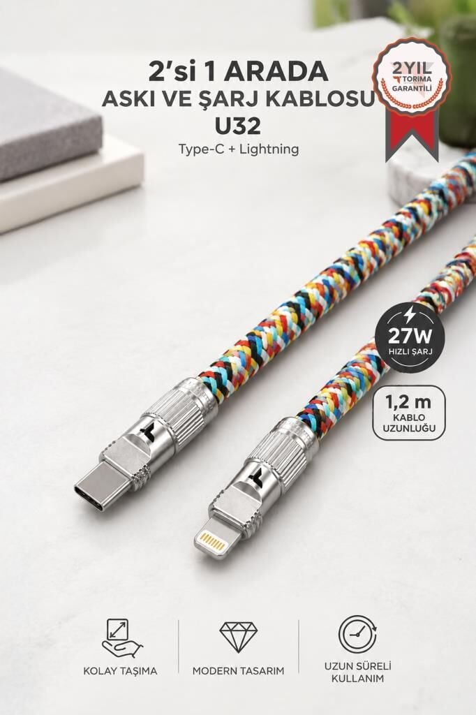 Hızlı Şarj Kablosu Telefon Askısı Type-C to Lightning 27W Örgü Data Kablo U32 Renkli