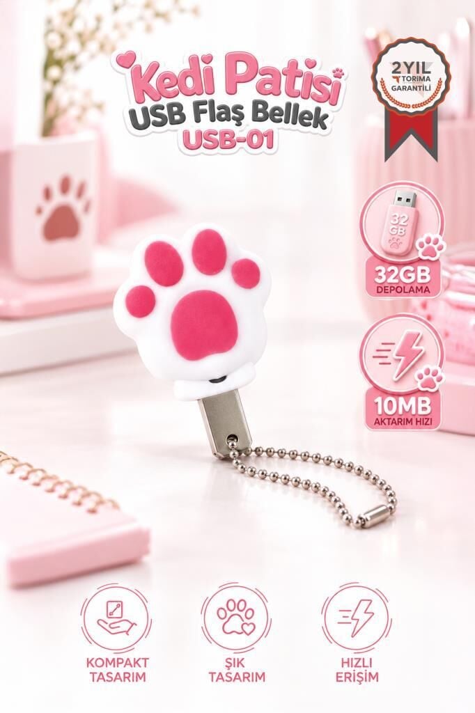 USB Flash Bellek 32GB Kedi Patisi Görünümlü Anahtarlıklı USB Drive USB01 Beyaz