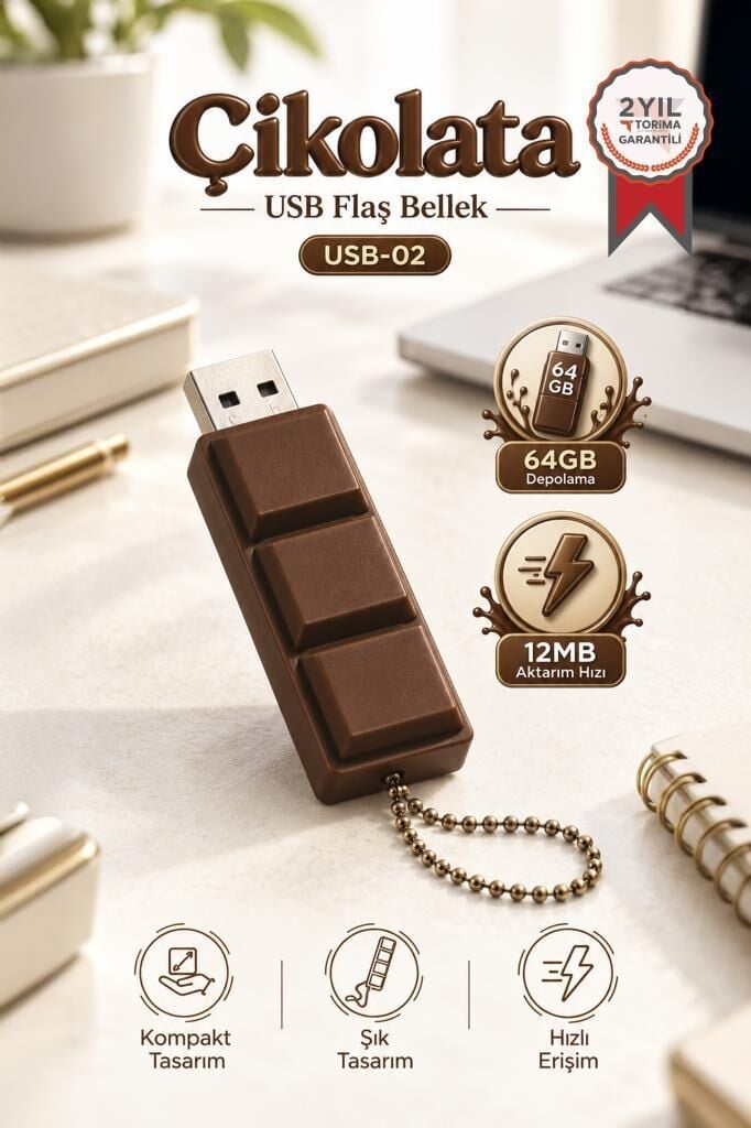 USB Flash Bellek 64GB Çikolata Görünümlü Anahtarlıklı USB Drive USB02 Kahverengi