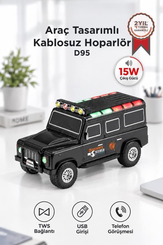 Bluetooth Hoparlör Araba Tasarımlı TWS 15W USB Speaker D95 Siyah