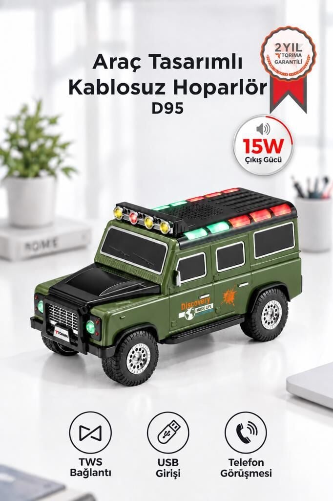 Bluetooth Hoparlör Araba Tasarımlı TWS 15W USB Speaker D95 Yeşil