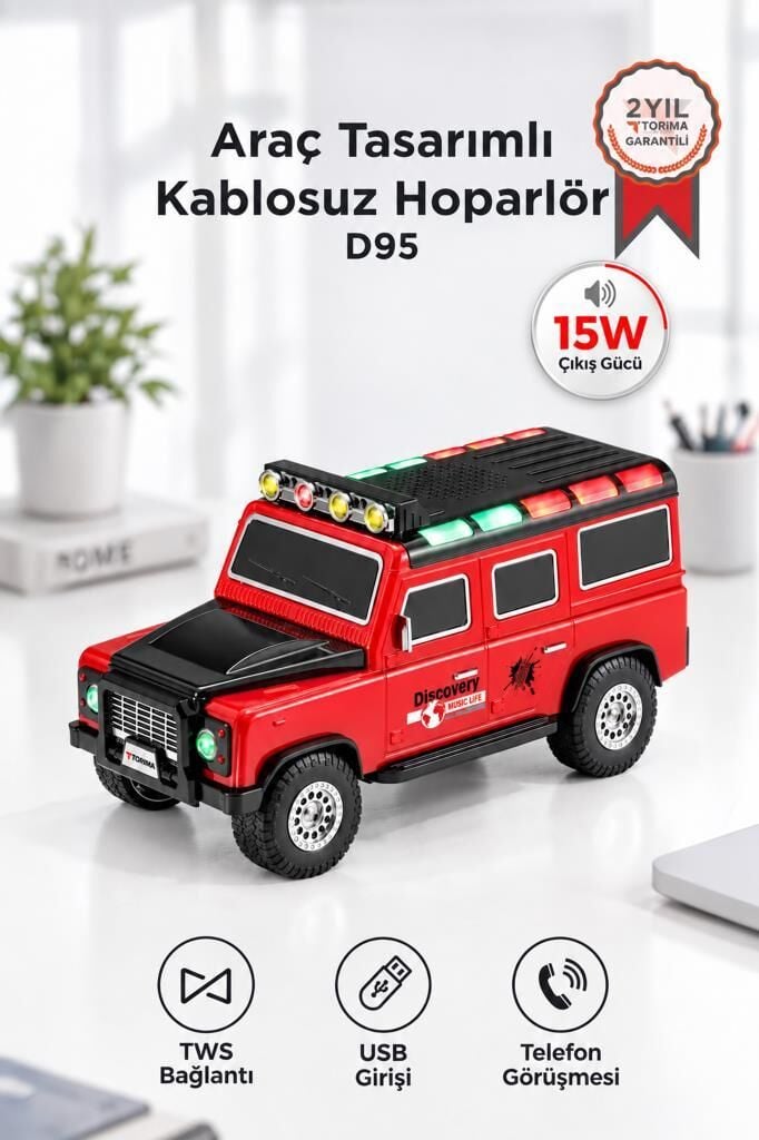 Bluetooth Hoparlör Araba Tasarımlı TWS 15W USB Speaker D95 Kırmızı