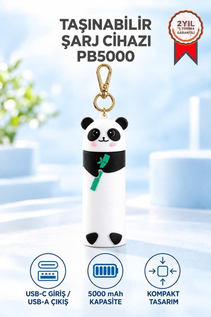 Torima Mini Powerbank 5000 Mah Panda Tasarımlı Anahtarlıklı Taşınabilir Şarj Cihazı PB5000 Siyah Beyaz