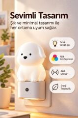 Torima Köpek Tasarımlı Gece Lambası Rgb Işıklı Akıllı Sensörlü Priz Tipi Lamba LW44 Beyaz