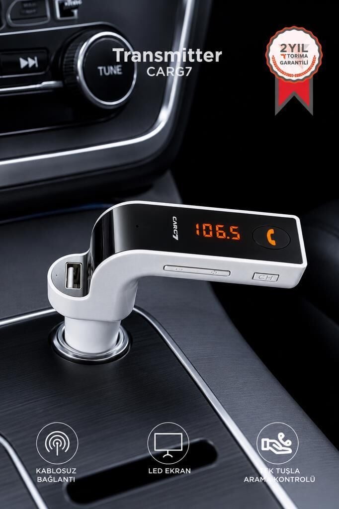 Bluetooth Araç Fm Transmitter Usb Girişli Android Ios Uyumlu CARG7 Beyaz