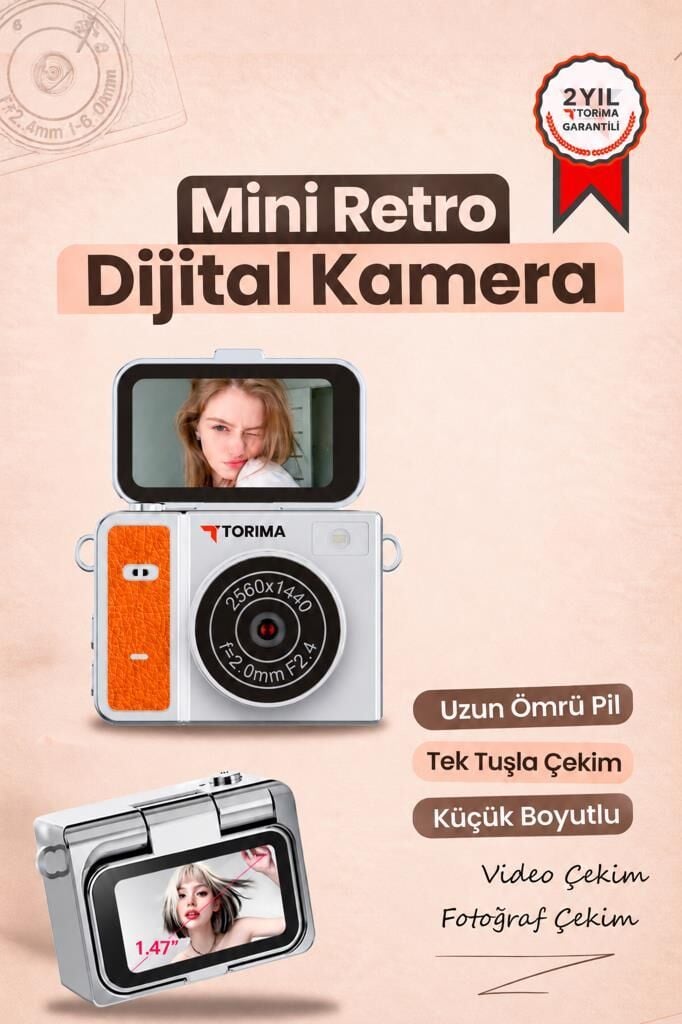 Torima Mini Dijital Kamera 2K Flip Ekranlı Selfie Video Vlog Kamerası CMR46 Turuncu