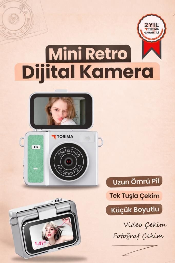 Torima Mini Dijital Kamera 2K Flip Ekranlı Selfie Video Vlog Kamerası CMR46 Yeşil