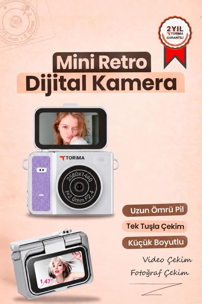Torima Mini Dijital Kamera 2K Flip Ekranlı Selfie Video Vlog Kamerası CMR46 Mor