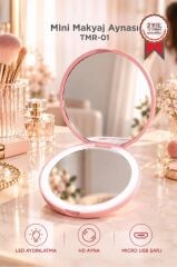 Torima Led Işıklı Type-C Şarjlı Makyaj Aynası Çift Taraflı HD Mini Ayna TMR01 Pembe