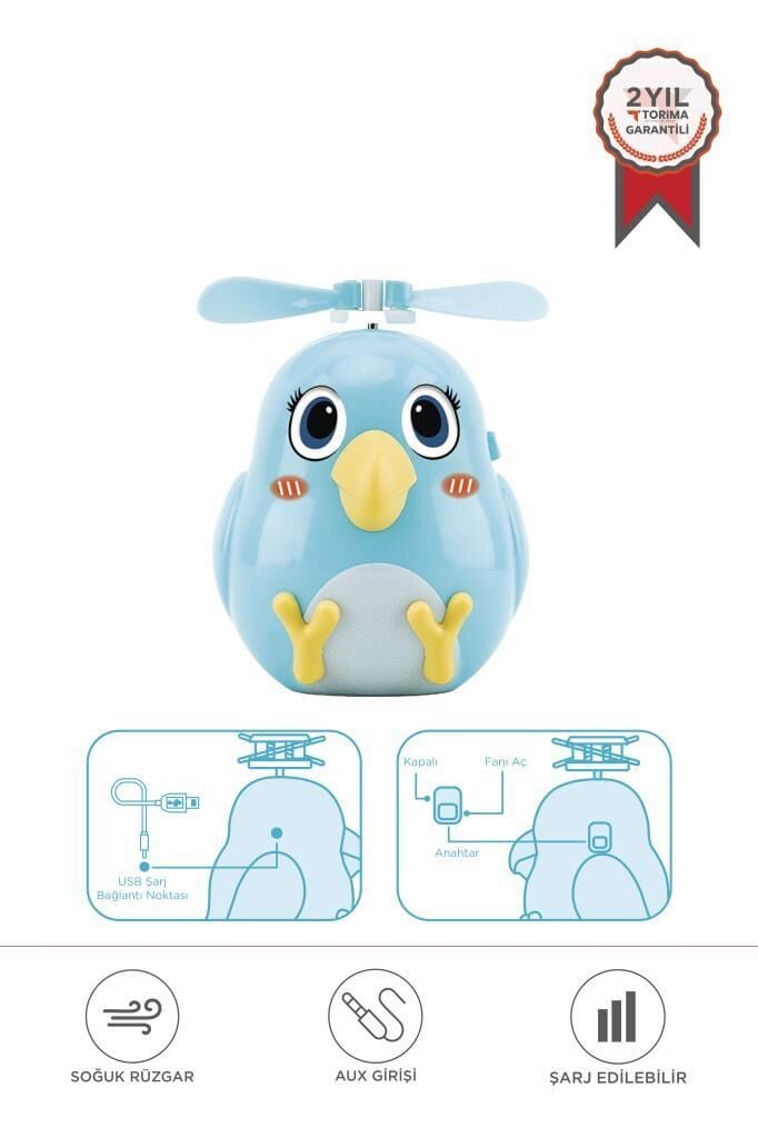 Torima F-31 Mavi El Tipi Mini Fan Vantilatör Sevimli Kuş Figürlü Taşınabilir Mini Fan