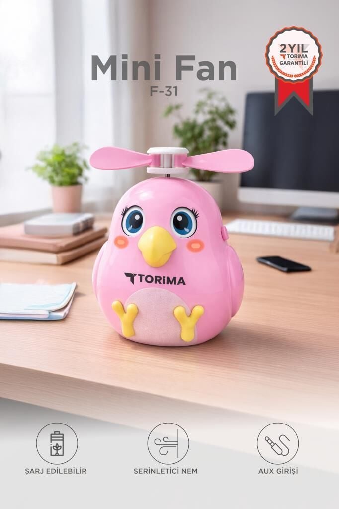 Şarjlı El Vantilatörü Sevimli Kuş Figürlü Mini Taşınabilir Fan F31 Pembe