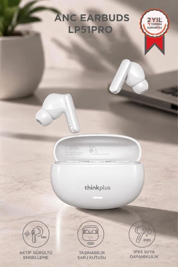Lenovo Thinkplus Bluetooth Kulaklık Akıllı Anc Tws 5.4 Kablosuz Kulaklık LP51 Pro Beyaz