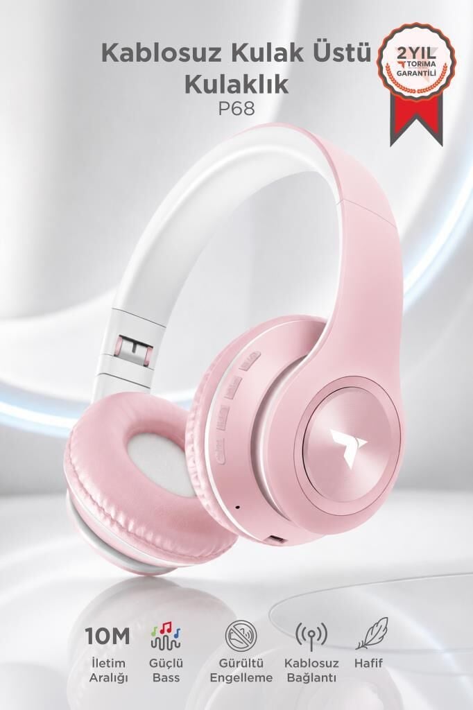 Bluetooth Kulaklık Kulak Üstü Kablosuz Stereo Kulaklık P68 Pembe