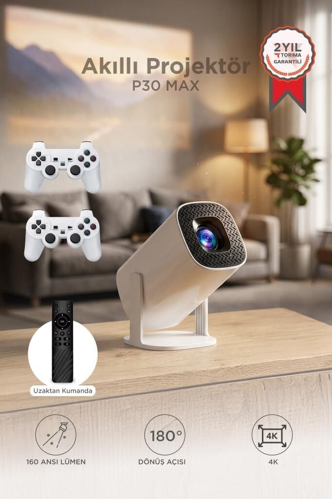 Projeksiyon Cihazı Taşınabilir Retro Video Konsolu Android Akıllı Projektör P30 Max Mini Beyaz