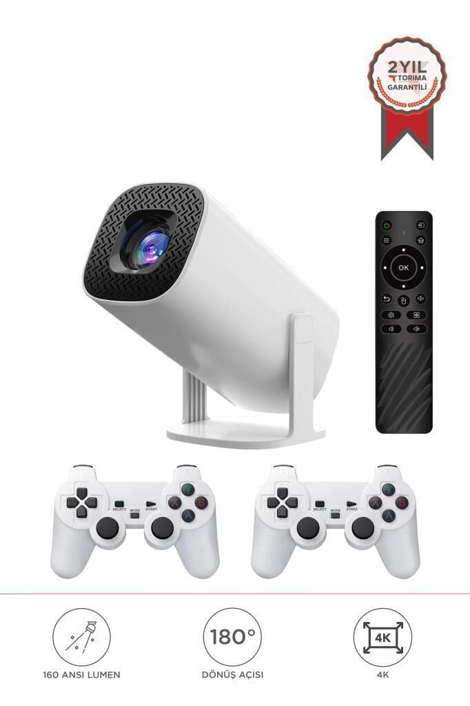 Projeksiyon Cihazı Taşınabilir Retro Video Konsolu Android Akıllı Projektör P30 Max Mini Beyaz