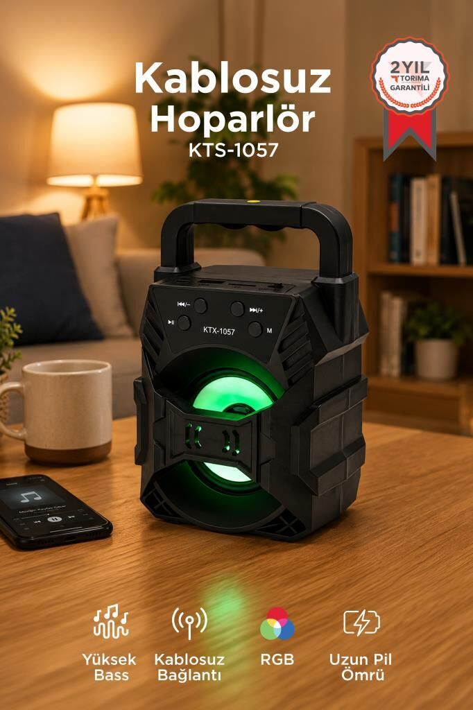 Bluetooth Hoparlör Rgb Işıklı Hafıza Kartı USB ve FM Radyo Destekli Ses Bombası KTS-1057 Siyah