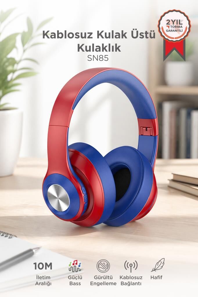 Bluetooth Kulaklık Kulak Üstü Kablosuz Kulaklık SN85 Kırmızı Mavi