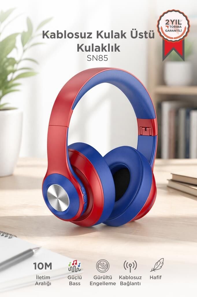 Bluetooth Kulaklık Kulak Üstü Kablosuz Kulaklık SN85 Kırmızı Mavi