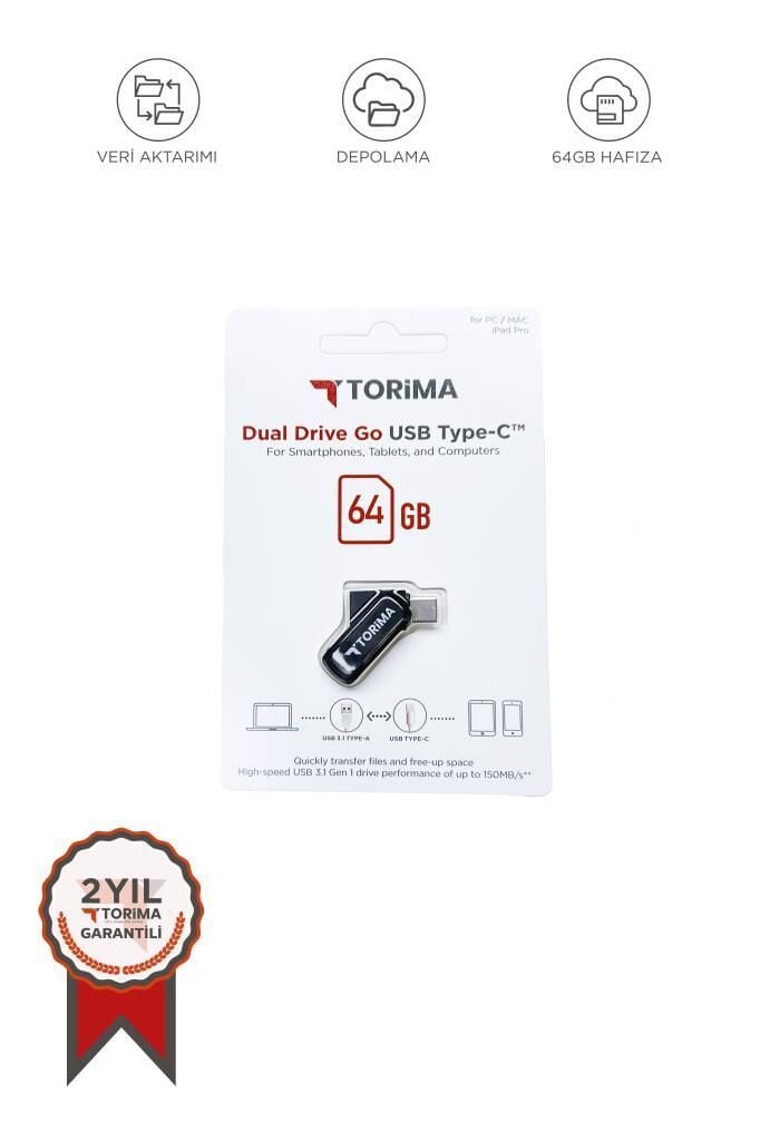 Torima USB Flash Bellek Type C OTG Çift Sürücülü 64GB Siyah
