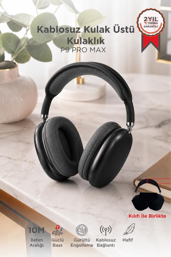 Bluetooth Kulaklık Kulak Üstü Sd Kart Girişli Kablosuz Aux Kablolu Kulaklık P9 Pro Max Siyah