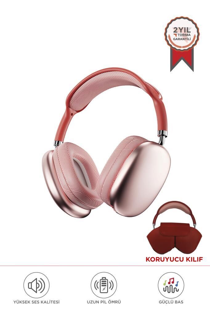 Bluetooth Kulaklık Aux Sd Kart Girişli Kablosuz Kulaklık P9 Pro Max Pembe