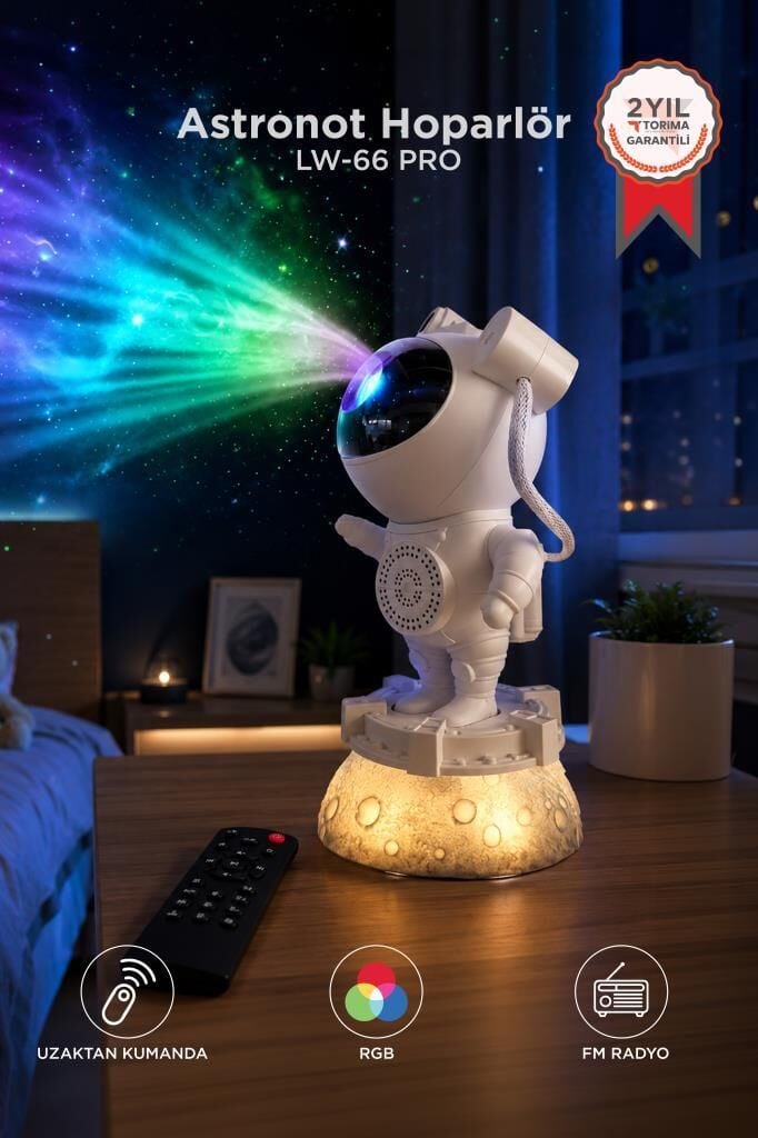 Astronot Bluetooth Hoparlör Müzik Çalarlı Kumandalı Gece Lambası LW-66 Beyaz