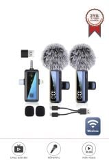 Yaka Mikrofonu Type-C Lightning Aux 2 Adet 3IN1 Kablosuz Mikrofon H68 Siyah