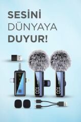 Yaka Mikrofonu Type-C Lightning Aux 2 Adet 3IN1 Kablosuz Mikrofon H68 Siyah