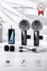 Yaka Mikrofonu Type-C Lightning Aux 2 Adet 3IN1 Kablosuz Mikrofon H68 Siyah