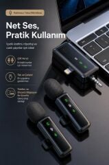 Yaka Mikrofonu Type-C Lightning Aux 2 Adet 3IN1 Kablosuz Mikrofon H68 Siyah