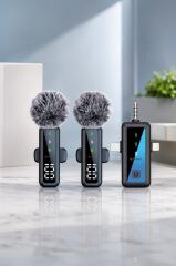 Yaka Mikrofonu Type-C Lightning Aux 2 Adet 3IN1 Kablosuz Mikrofon H68 Siyah
