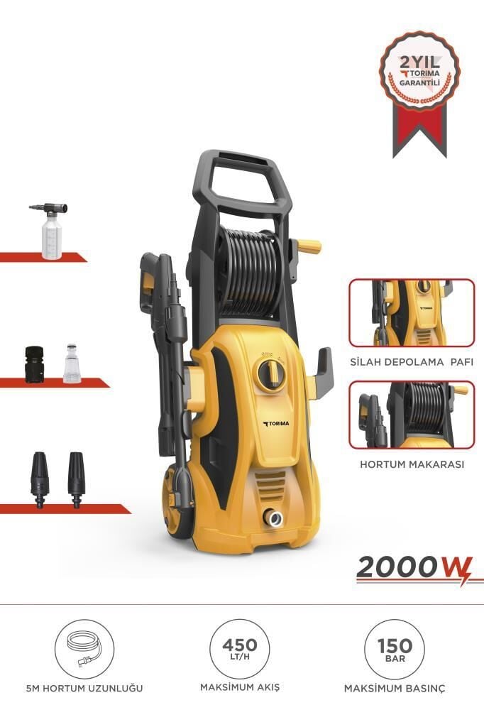 Torima HPC-01 Sarı Yüksek Basınçlı Oto, Halı, Bahçe Temizleme ve Yıkama Makinesi – 2000W, 150 Bar