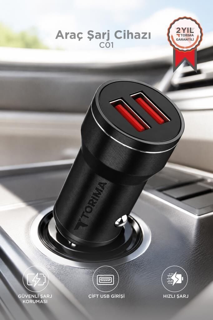 Araç Şarj Cihazı 2 Usb Portlu Transmitter C01 Siyah