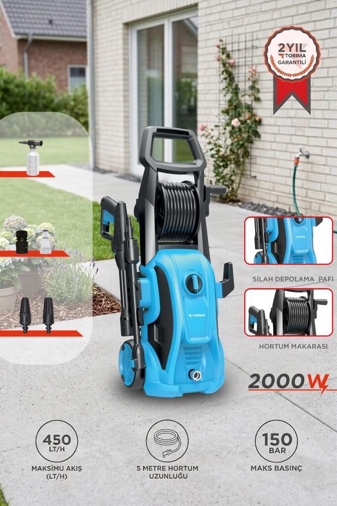 Oto Halı Bahçe Temizleme ve Yıkama Makinesi 2000W 150 Bar Yüksek Basınçlı HPC01 Mavi