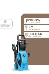 Oto Halı Bahçe Temizleme ve Yıkama Makinesi 2000W 150 Bar Yüksek Basınçlı HPC01 Mavi