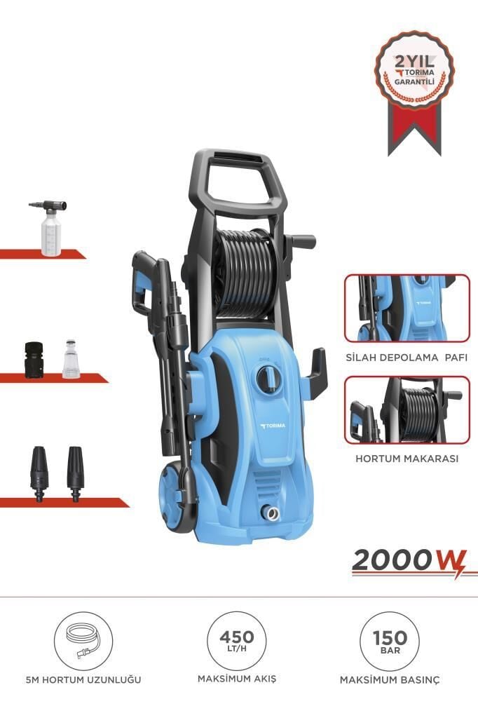 Oto Halı Bahçe Temizleme ve Yıkama Makinesi 2000W 150 Bar Yüksek Basınçlı HPC01 Mavi