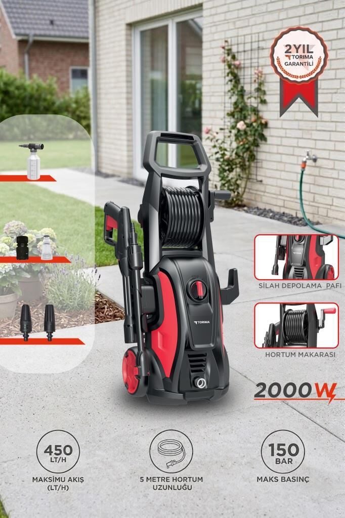 Oto Halı Bahçe Temizleme ve Yıkama Makinesi 2000W 150 Bar Yüksek Basınçlı HPC01 Kırmızı