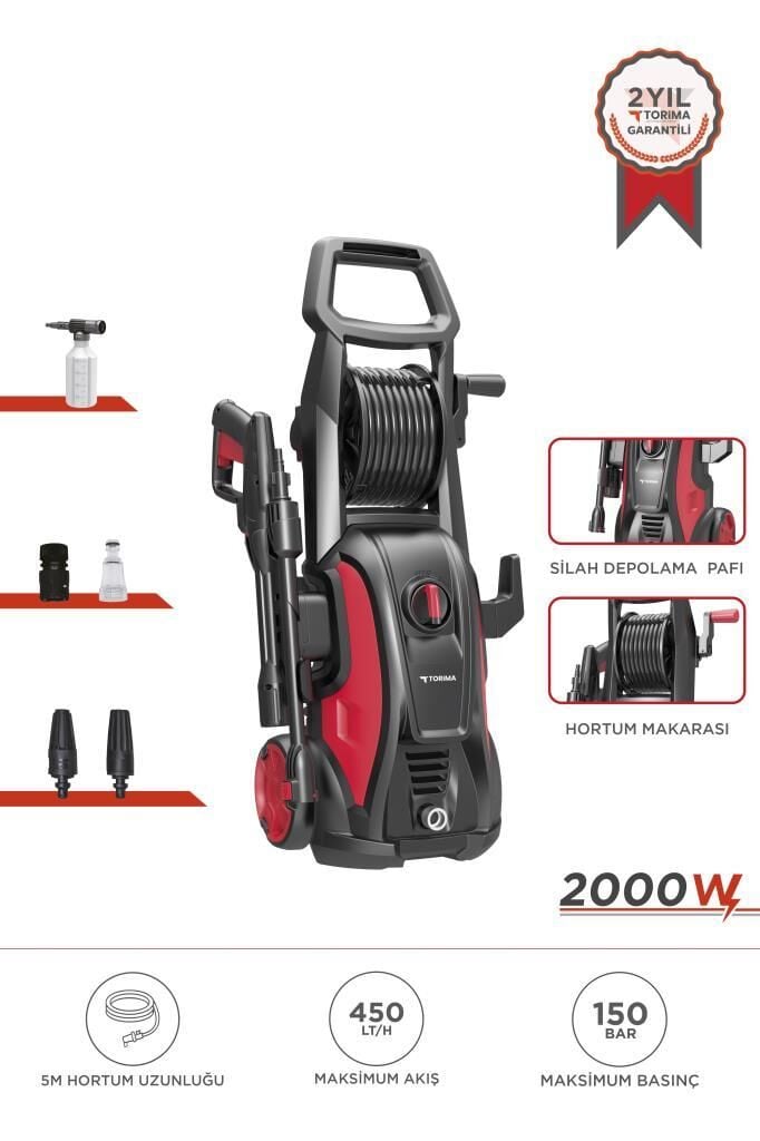 Oto Halı Bahçe Temizleme ve Yıkama Makinesi 2000W 150 Bar Yüksek Basınçlı HPC01 Kırmızı